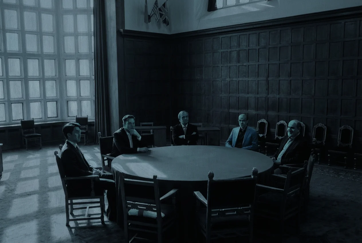 A circle of minds in conversation around a round table