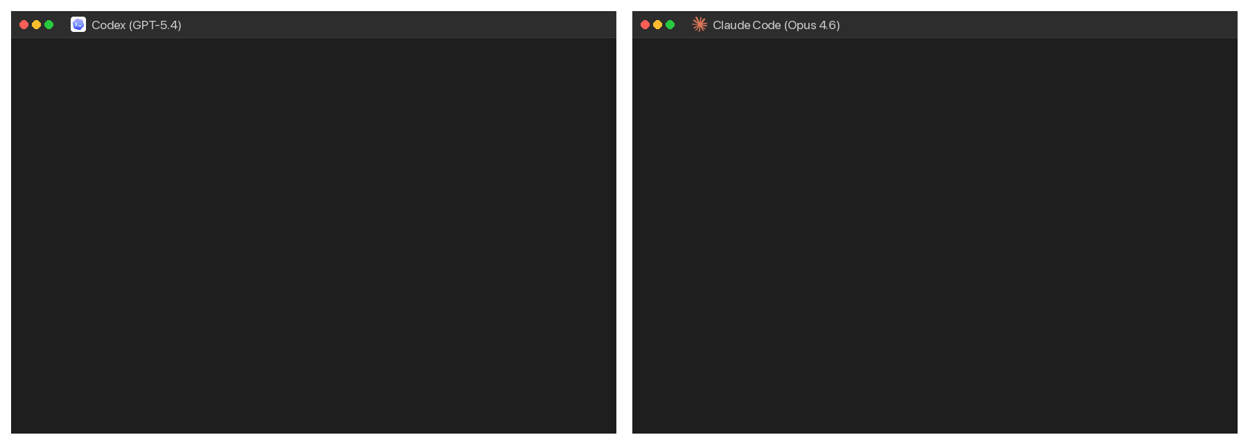 Side-by-side terminal animation comparing Codex and Claude Code on the same exploration task. Codex issues a few long ripgrep searches that fan out across the corpus, while Claude Code runs many small Grep and Read calls that home in on individual files.